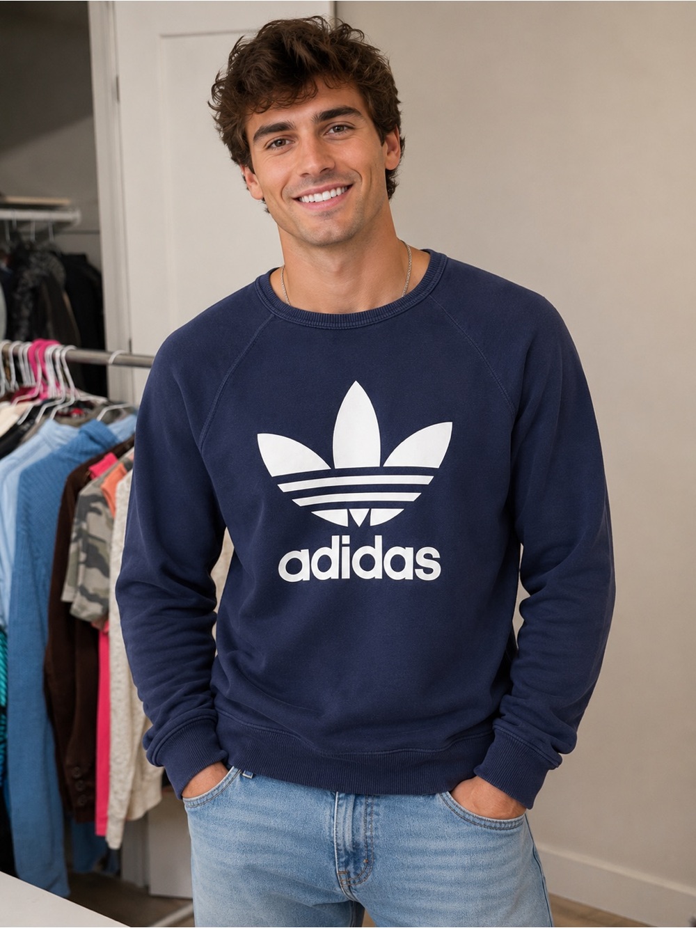 Adidas Originals Trefoil Crewneck Sweatshirt Navy Blue Logo Pullover Lrg